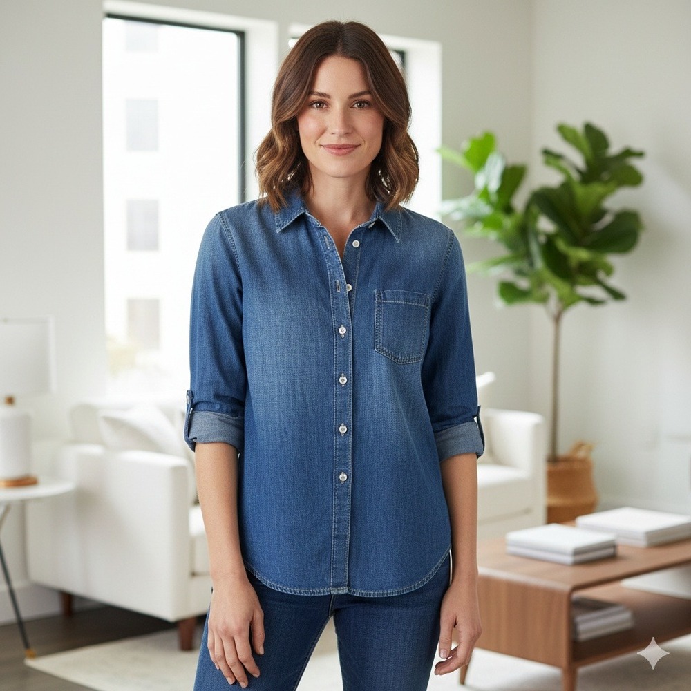 Ann Taylor Weekend Denim Chambray Shirt Blue Long Sleeve‎ Button Up - Size S